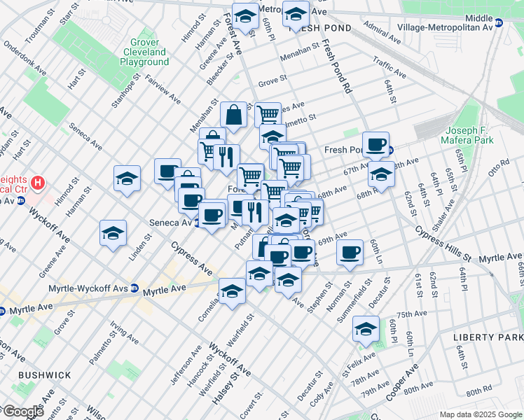 map of restaurants, bars, coffee shops, grocery stores, and more near in Queens