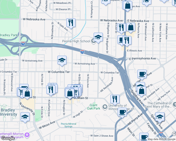 map of restaurants, bars, coffee shops, grocery stores, and more near 510 West Armstrong Avenue in Peoria