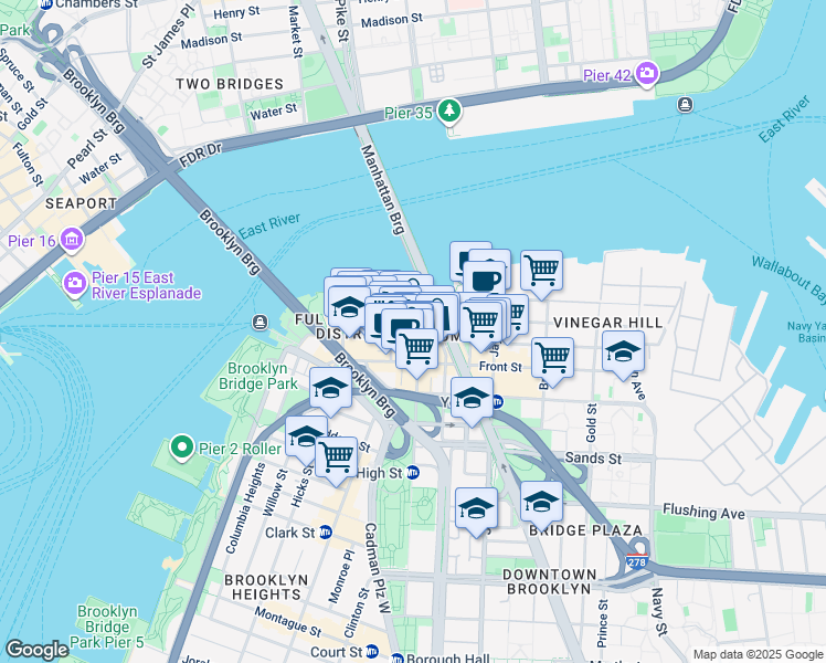 map of restaurants, bars, coffee shops, grocery stores, and more near 26 Washington Street in Brooklyn
