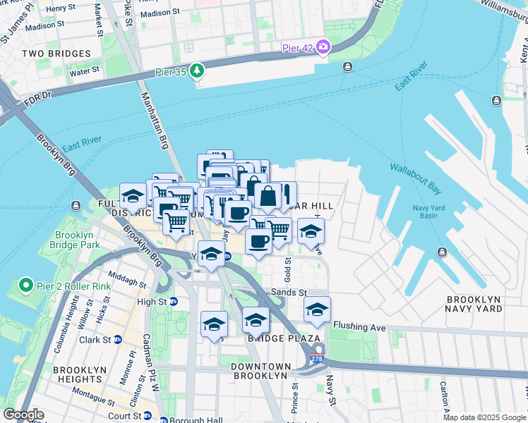 map of restaurants, bars, coffee shops, grocery stores, and more near 23 Bridge Street in Brooklyn