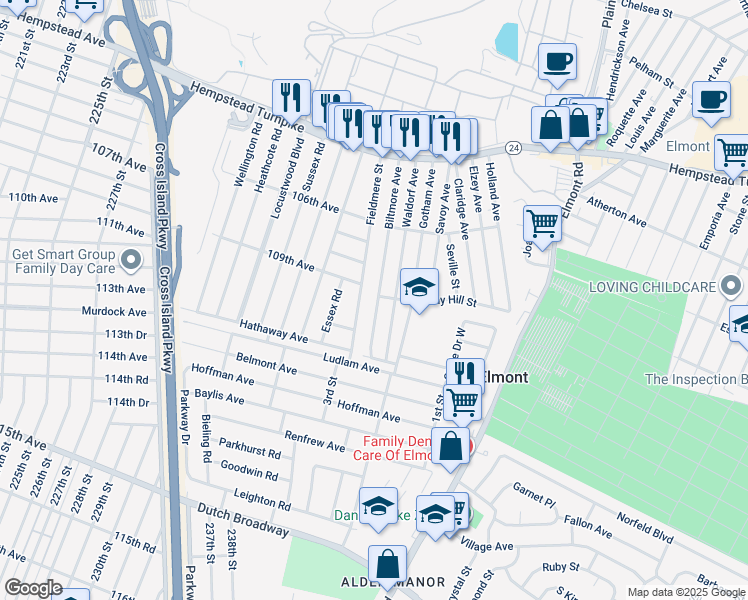 map of restaurants, bars, coffee shops, grocery stores, and more near 152 Fieldmere Street in Elmont