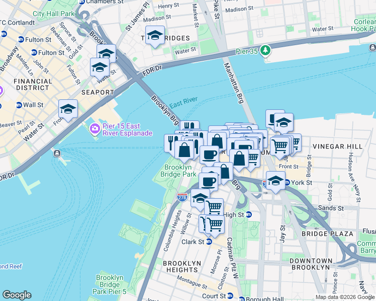 map of restaurants, bars, coffee shops, grocery stores, and more near 9 Water Street in Brooklyn