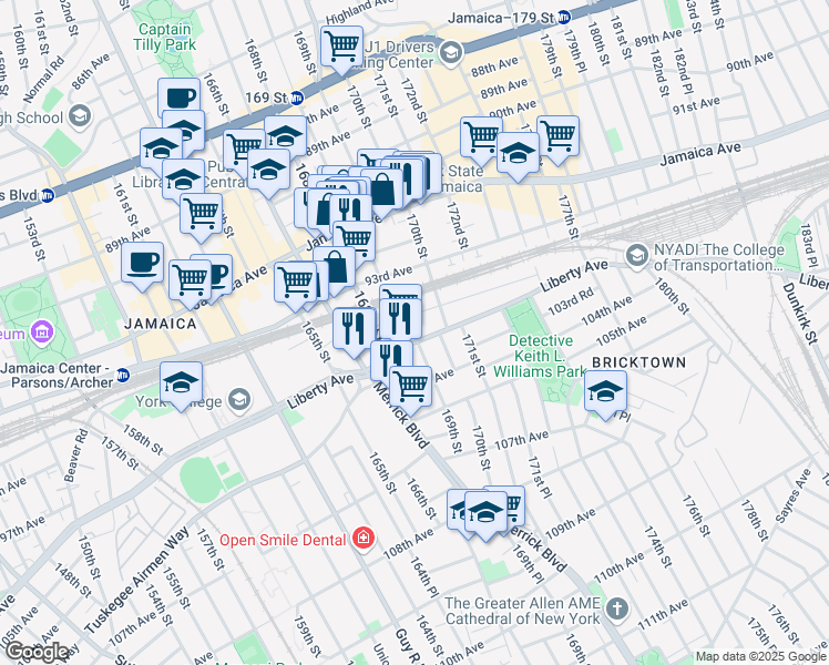 map of restaurants, bars, coffee shops, grocery stores, and more near 168-21 Douglas Avenue in Queens