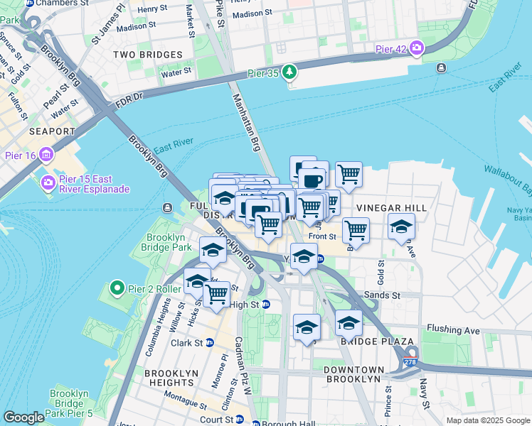 map of restaurants, bars, coffee shops, grocery stores, and more near 30 Washington Street in Brooklyn