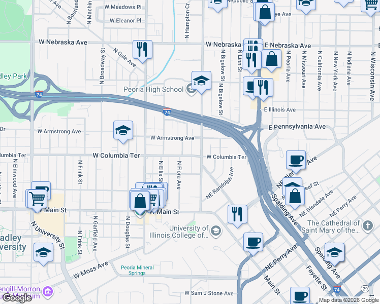 map of restaurants, bars, coffee shops, grocery stores, and more near 406 West Armstrong Avenue in Peoria