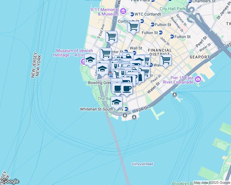 map of restaurants, bars, coffee shops, grocery stores, and more near 22 State Street in New York