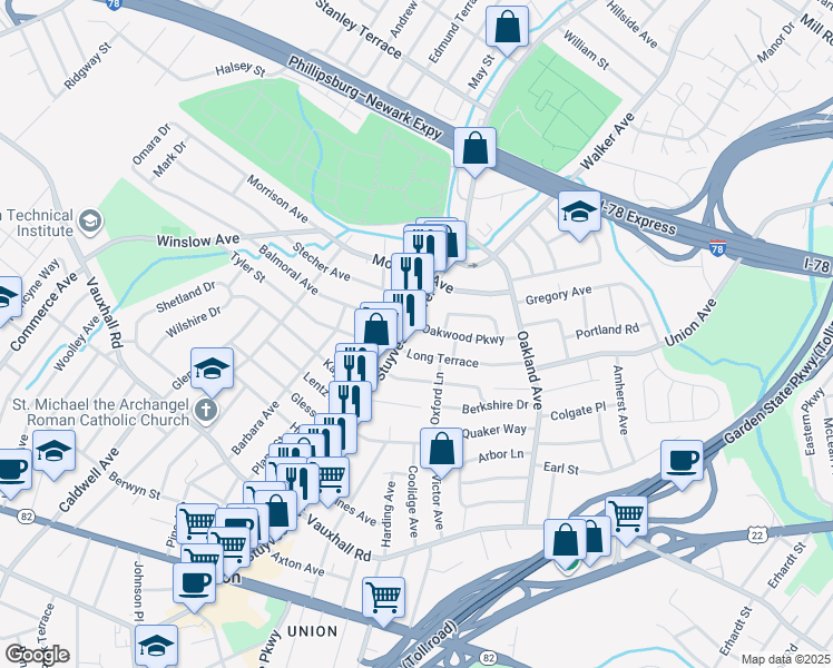 map of restaurants, bars, coffee shops, grocery stores, and more near 1415 Stuyvesant Avenue in Union