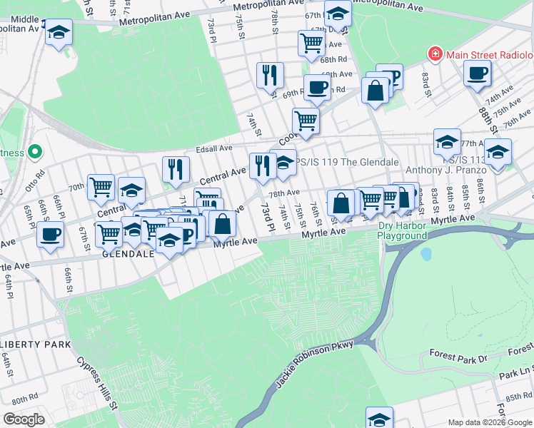 map of restaurants, bars, coffee shops, grocery stores, and more near in Queens