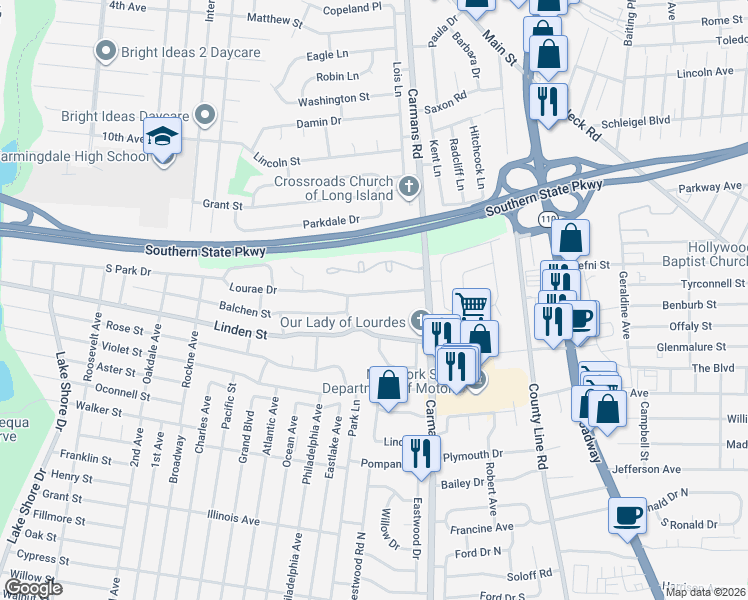 map of restaurants, bars, coffee shops, grocery stores, and more near 15 Lourae Drive in Massapequa Park