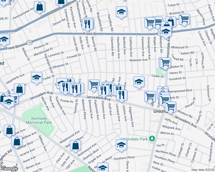 map of restaurants, bars, coffee shops, grocery stores, and more near 157 Rutland Road in Hempstead