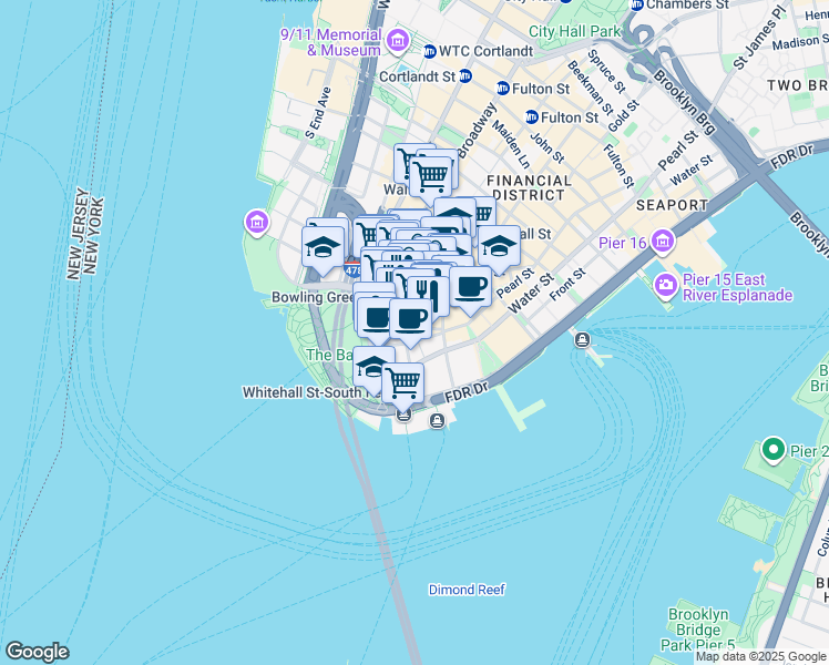 map of restaurants, bars, coffee shops, grocery stores, and more near 2 Broadway in New York