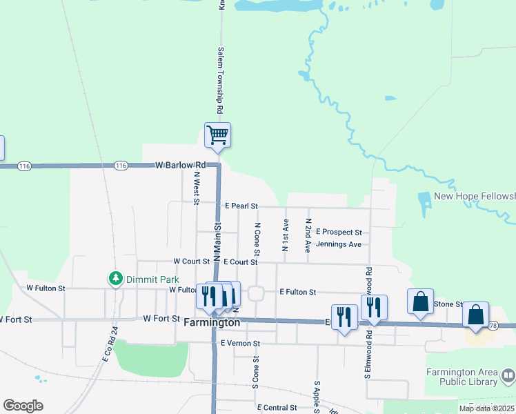 map of restaurants, bars, coffee shops, grocery stores, and more near 399 N Cone St in Farmington