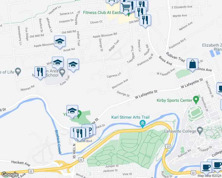map of restaurants, bars, coffee shops, grocery stores, and more near 167 Morrison Avenue in Easton