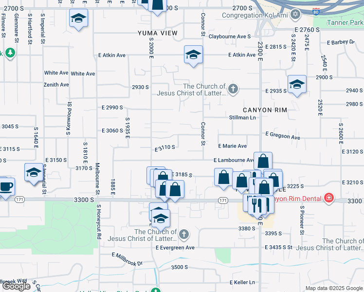 map of restaurants, bars, coffee shops, grocery stores, and more near 2110 East 3070 South in Salt Lake City