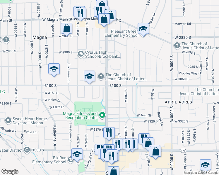 map of restaurants, bars, coffee shops, grocery stores, and more near 3084 South 8400 West in Magna