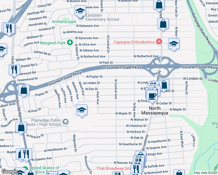 map of restaurants, bars, coffee shops, grocery stores, and more near 248 North Linden Street in Massapequa