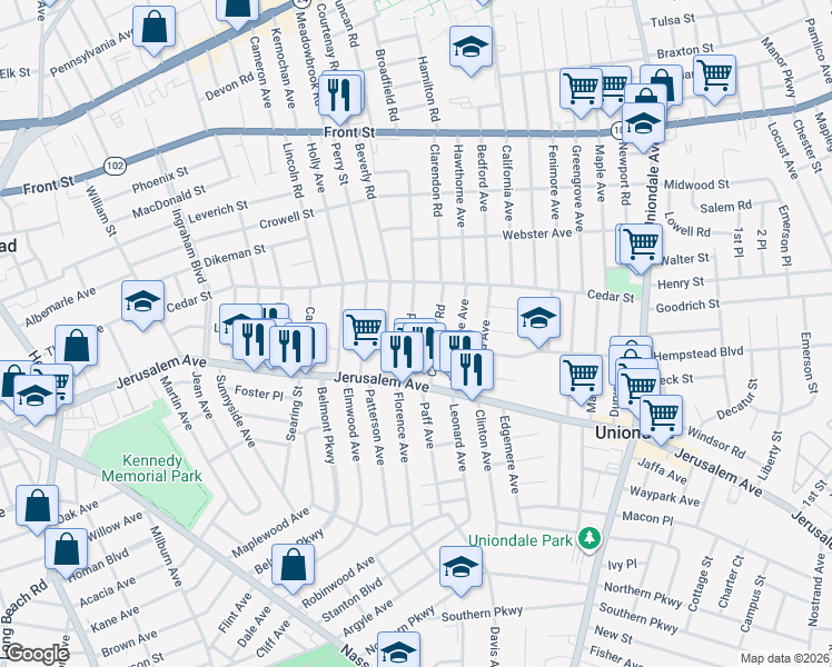 map of restaurants, bars, coffee shops, grocery stores, and more near 157 Rutland Road in Hempstead