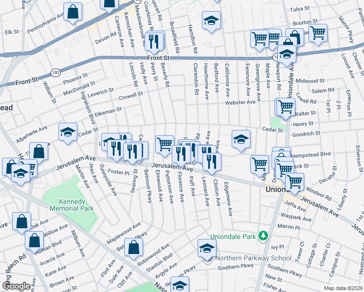 map of restaurants, bars, coffee shops, grocery stores, and more near 157 Rutland Road in Hempstead