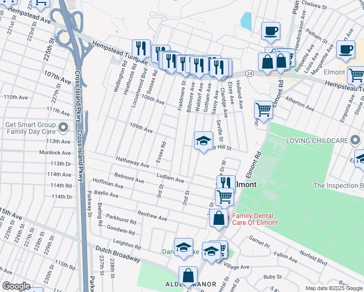 map of restaurants, bars, coffee shops, grocery stores, and more near 152 Fieldmere Street in Elmont