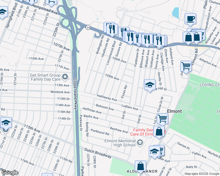 map of restaurants, bars, coffee shops, grocery stores, and more near 159 Sterling Road in Elmont