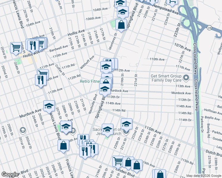 map of restaurants, bars, coffee shops, grocery stores, and more near 113-05 Springfield Boulevard in Queens