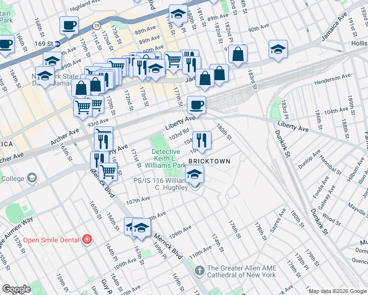 map of restaurants, bars, coffee shops, grocery stores, and more near 173-32 103rd Road in Queens