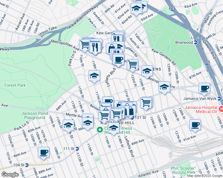 map of restaurants, bars, coffee shops, grocery stores, and more near 84-25 120th Street in Queens