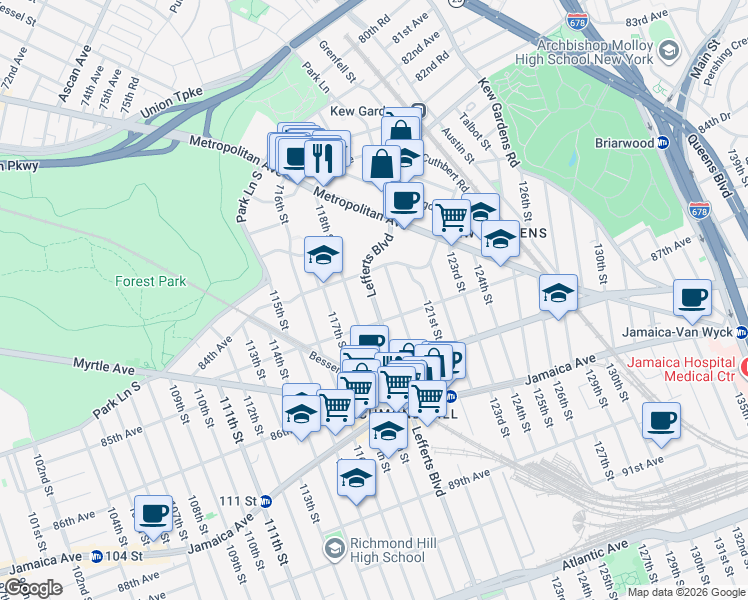 map of restaurants, bars, coffee shops, grocery stores, and more near 84-47 Lefferts Boulevard in Queens