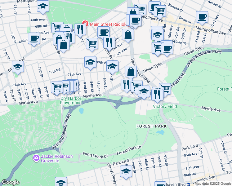map of restaurants, bars, coffee shops, grocery stores, and more near 87-6 Union Turnpike in Queens