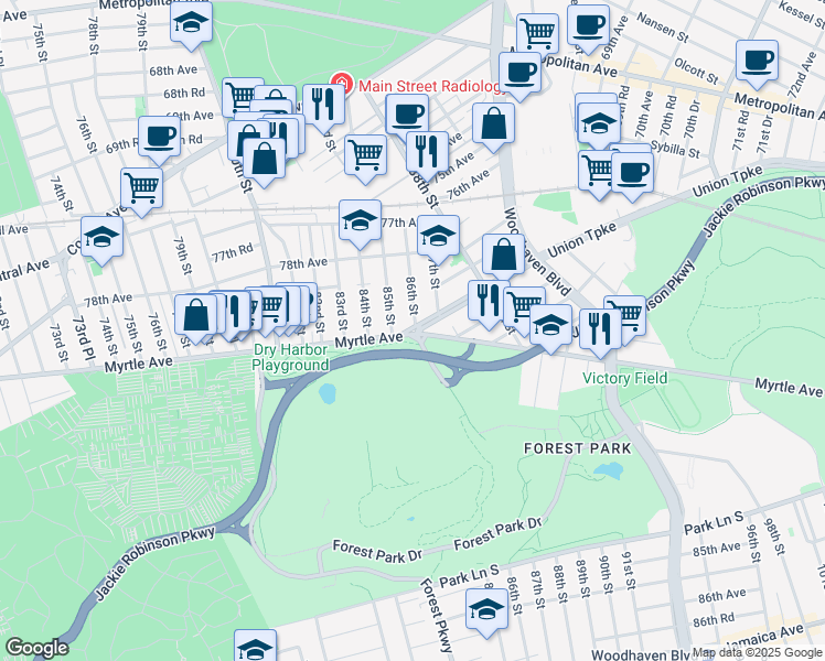 map of restaurants, bars, coffee shops, grocery stores, and more near in Queens