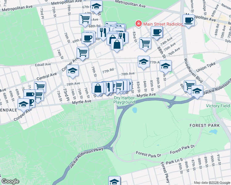 map of restaurants, bars, coffee shops, grocery stores, and more near 78-41 79th Lane in Queens