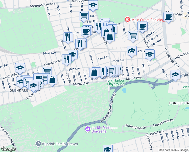 map of restaurants, bars, coffee shops, grocery stores, and more near 78-21 78th Street in Queens
