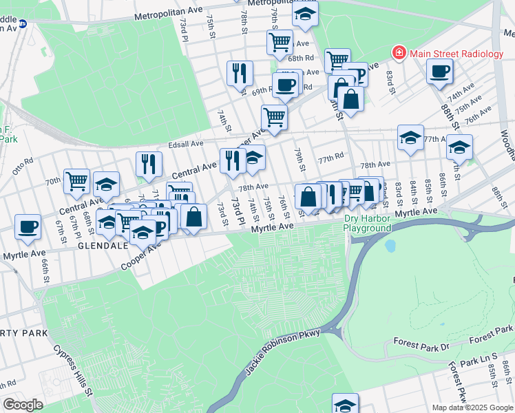 map of restaurants, bars, coffee shops, grocery stores, and more near 78-13 74th Street in Queens