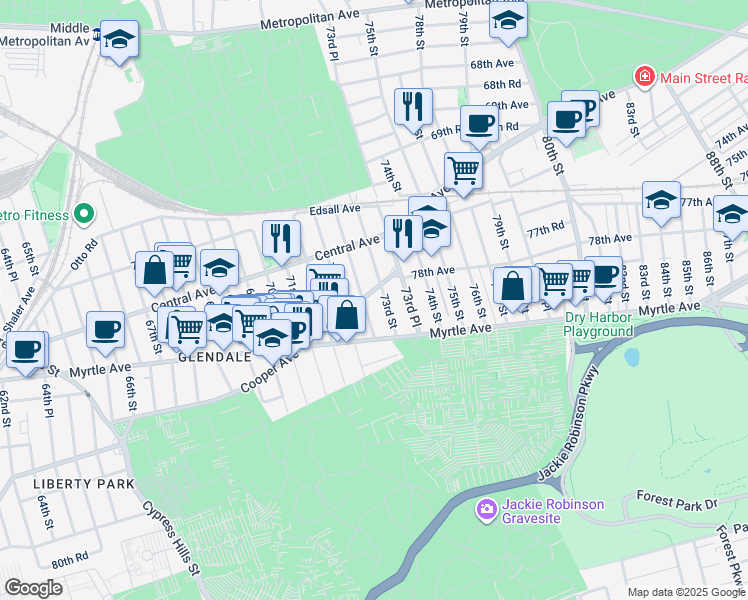 map of restaurants, bars, coffee shops, grocery stores, and more near 71-43 72nd Place in Queens