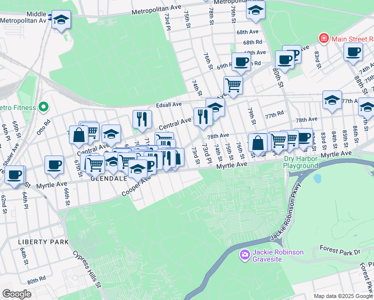 map of restaurants, bars, coffee shops, grocery stores, and more near 71-43 72nd Place in Queens
