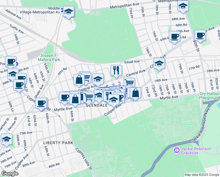 map of restaurants, bars, coffee shops, grocery stores, and more near 71-03 69th Place in Queens
