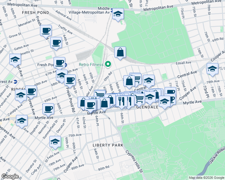 map of restaurants, bars, coffee shops, grocery stores, and more near 70-12 66th Place in Queens