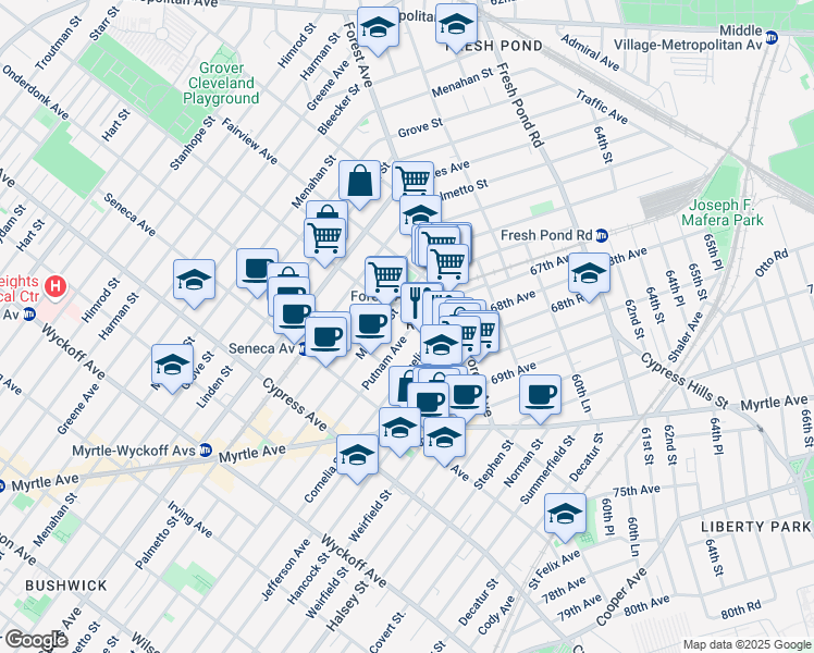 map of restaurants, bars, coffee shops, grocery stores, and more near in Queens