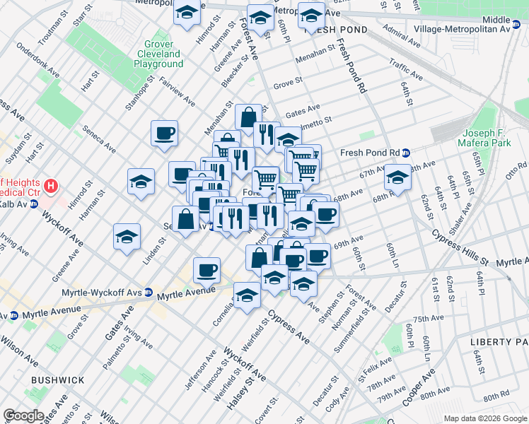 map of restaurants, bars, coffee shops, grocery stores, and more near 18-84 Woodbine Street in Queens