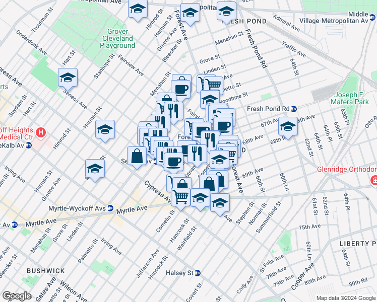 map of restaurants, bars, coffee shops, grocery stores, and more near 18-84 Woodbine Street in Queens