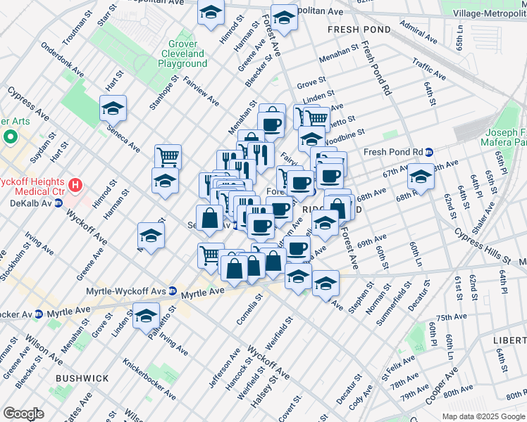 map of restaurants, bars, coffee shops, grocery stores, and more near 6-89 Onderdonk Avenue in Queens