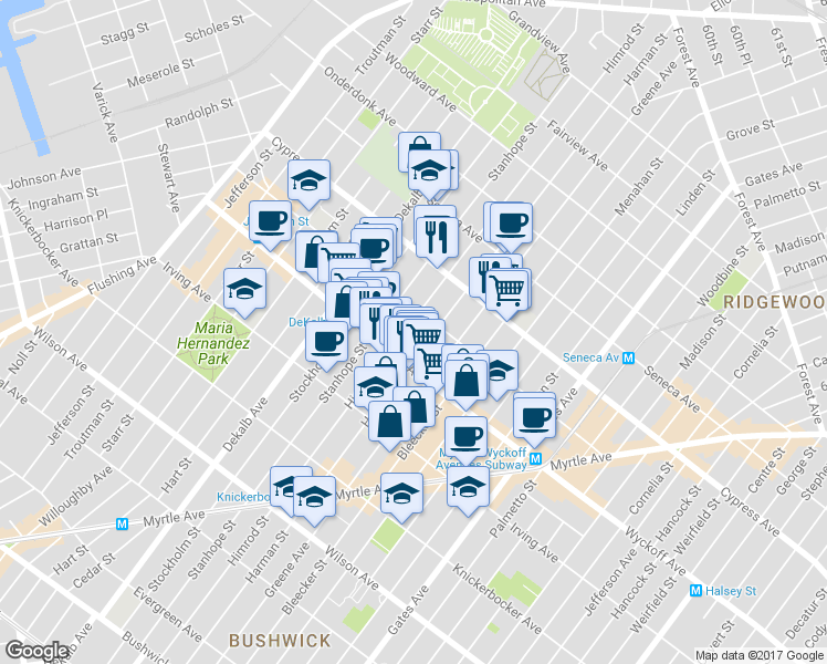 map of restaurants, bars, coffee shops, grocery stores, and more near 187 Saint Nicholas Avenue in Brooklyn
