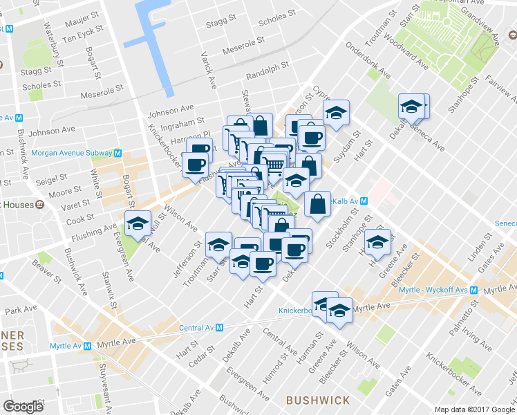 map of restaurants, bars, coffee shops, grocery stores, and more near 163 Starr Street in Brooklyn