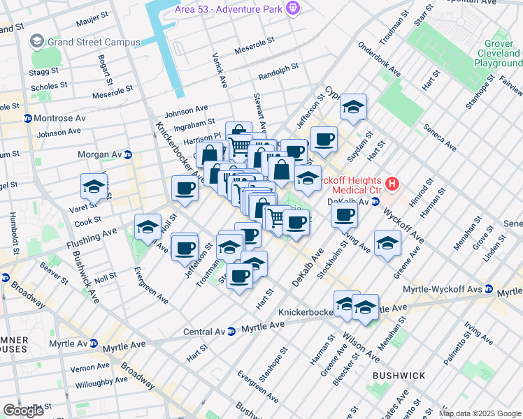 map of restaurants, bars, coffee shops, grocery stores, and more near 272 1/2 Jefferson Street in Brooklyn