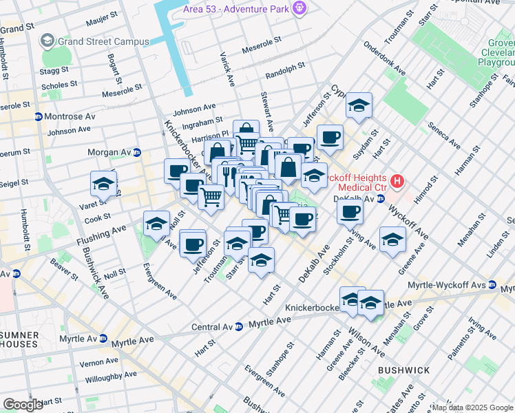 map of restaurants, bars, coffee shops, grocery stores, and more near 272 1/2 Jefferson Street in Brooklyn