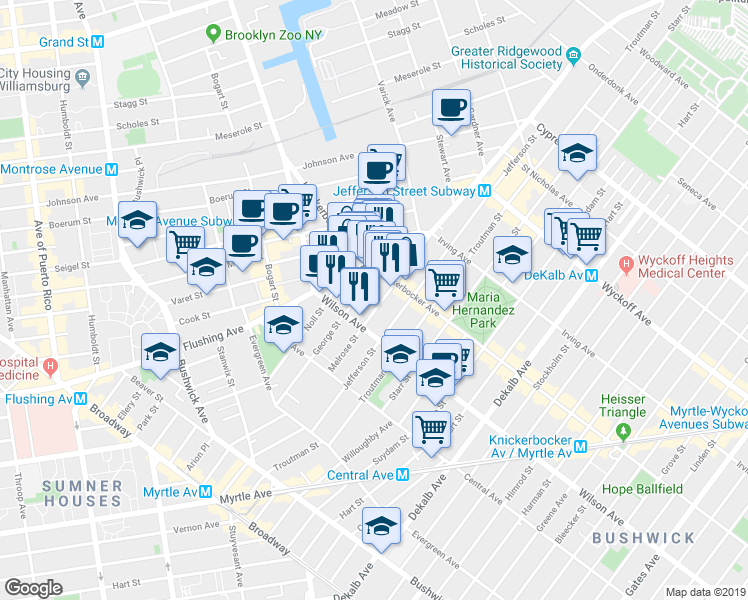 map of restaurants, bars, coffee shops, grocery stores, and more near 139 George Street in Brooklyn
