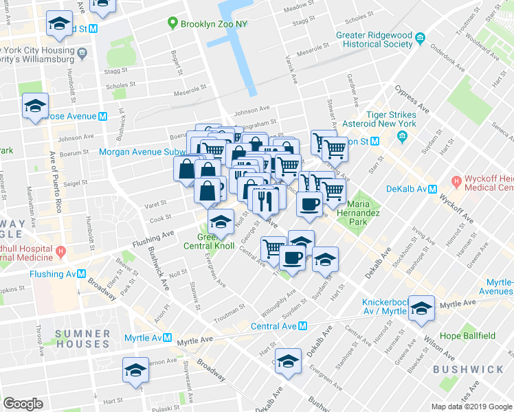 map of restaurants, bars, coffee shops, grocery stores, and more near 998 Flushing Avenue in Brooklyn