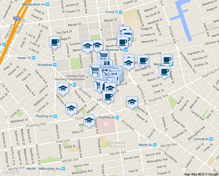 map of restaurants, bars, coffee shops, grocery stores, and more near 69 Moore Street in Brooklyn