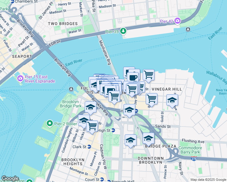map of restaurants, bars, coffee shops, grocery stores, and more near 82 Plymouth Street in Brooklyn