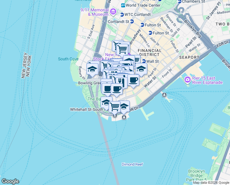 map of restaurants, bars, coffee shops, grocery stores, and more near 2-6 Stone Street in New York